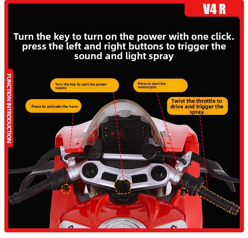 1:6 Ducati V4R electric motorcycle model, capable of starting, with flashing lights, chain-driven, rear wheel rotation, supports adding fuel to the fuel tank. It is an excellent choice for collection and gift giving.