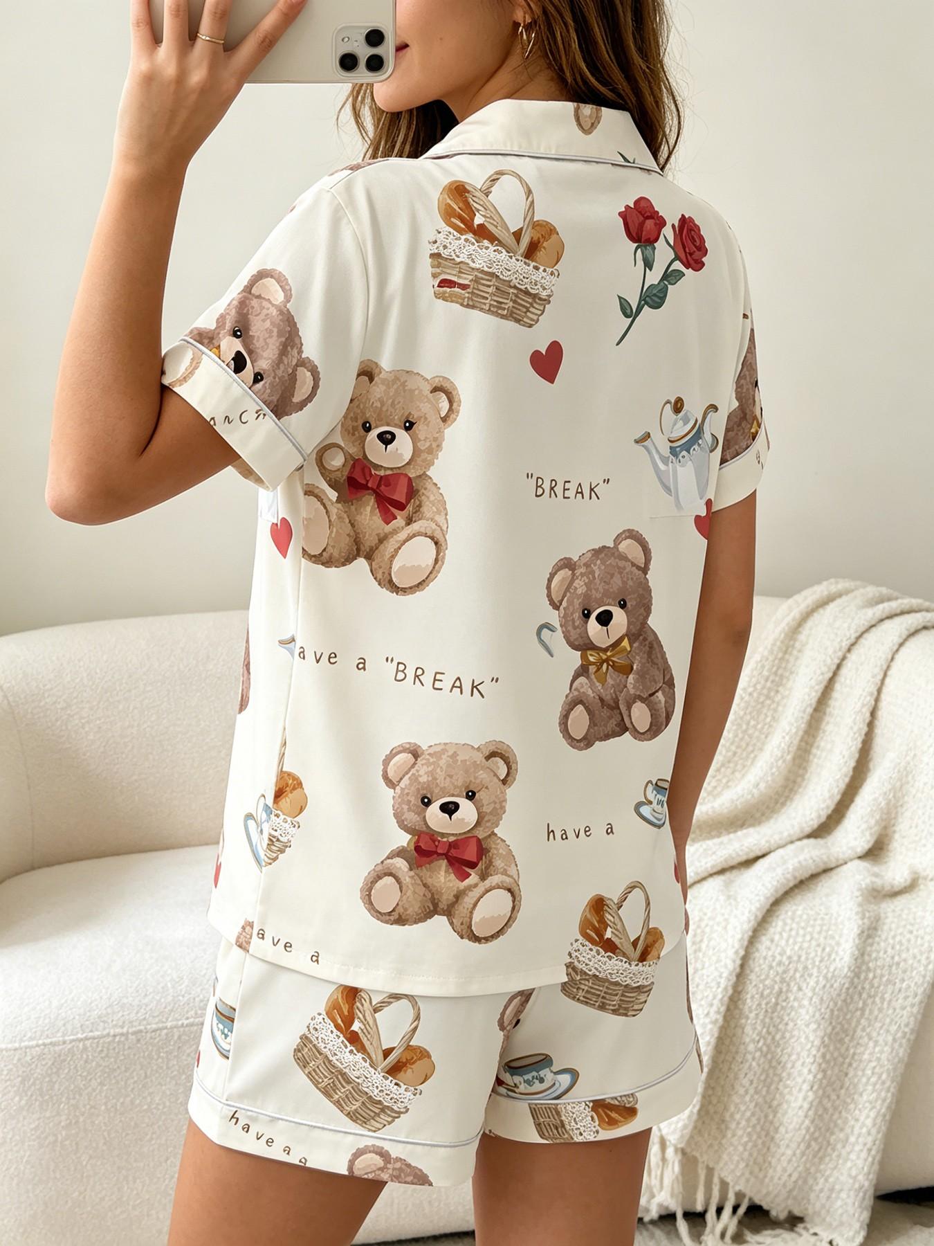 Women's Short Sleeve Button Down Top and Shorts Pajama Set, Spring Summer Wear, For French Romantic Lovers, White Base Rose Teddy Bear Print, Classic Lapel Collar, Loose Fit, Comfortable For Home & Travel