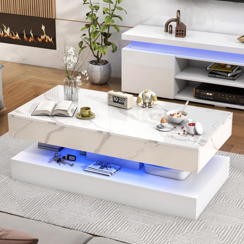LED Coffee Table with 2 Storage Drawers Modern High Gloss Black Coffee Table w/20Colors LED Lights 2 Tiers Rectangle Center Table for Living Room with Marbling Print APP Control Futuristic Design