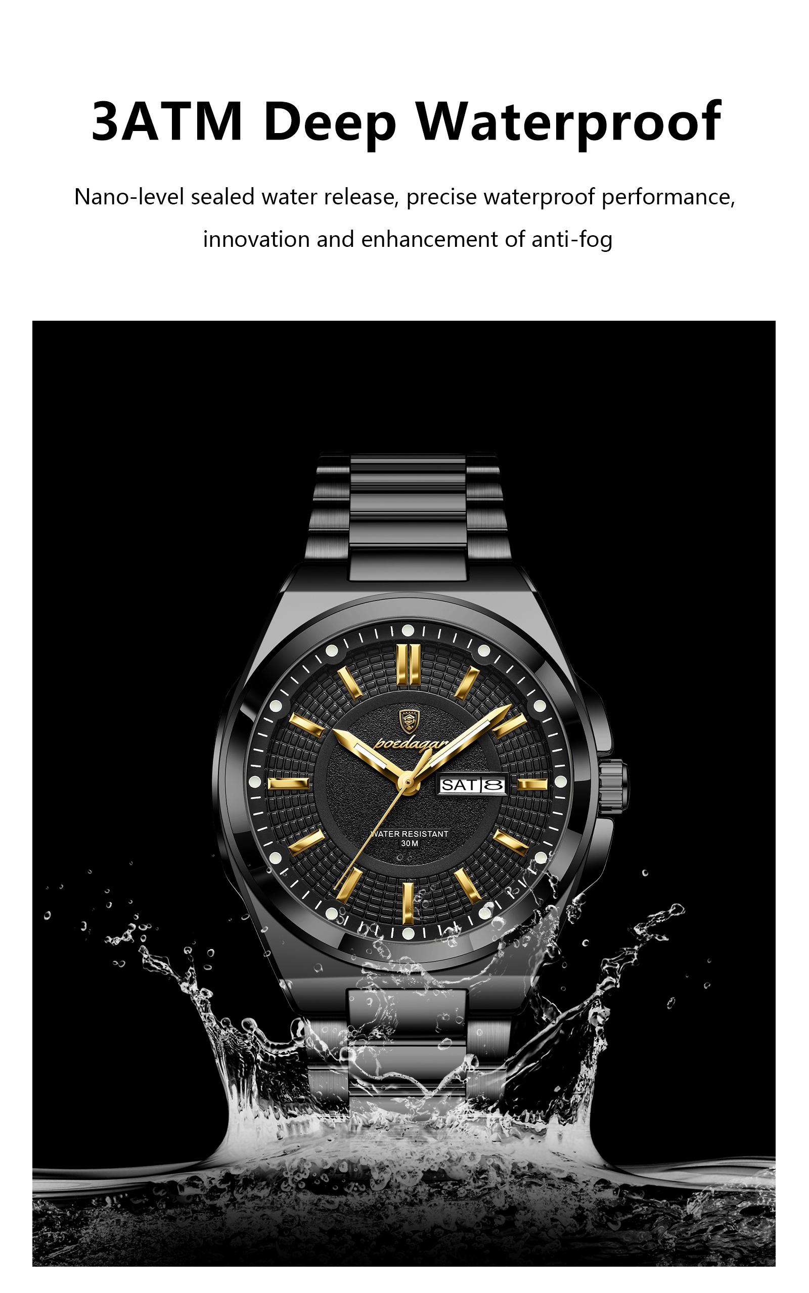 Poedagar Top Business Men's Watches, Stainless Steel Waterproof Luminous Man Watch, Date Week Display, Casual Fashion Quartz Wristwatch, Casual Trendy Wristwatch, Stylish Watch