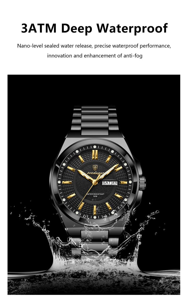 Poedagar Top Business Men's Watches, Stainless Steel Waterproof Luminous Man Watch, Date Week Display, Casual Fashion Quartz Wristwatch, Stylish Watch