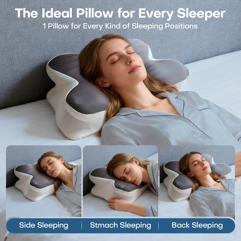 Gray butterfly-shaped neck pillow, ergonomic memory foam pillow, breathable and washable silk pillowcase, suitable for side, back and stomach sleepers, with a storage bag for easy portability, perfect for camping, travel, RV and dorm rooms