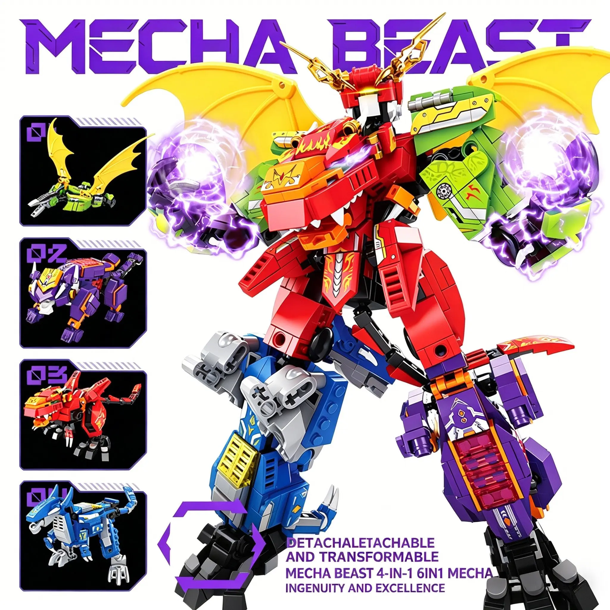 904pcs 4-In-1 Dinosaur Mech Building Blocks Toy, Model Building Kit, DIY Building Model, Educational Construction Set for Kids, Fun Stem Learning Activity Kit, Mecha Assembly Model