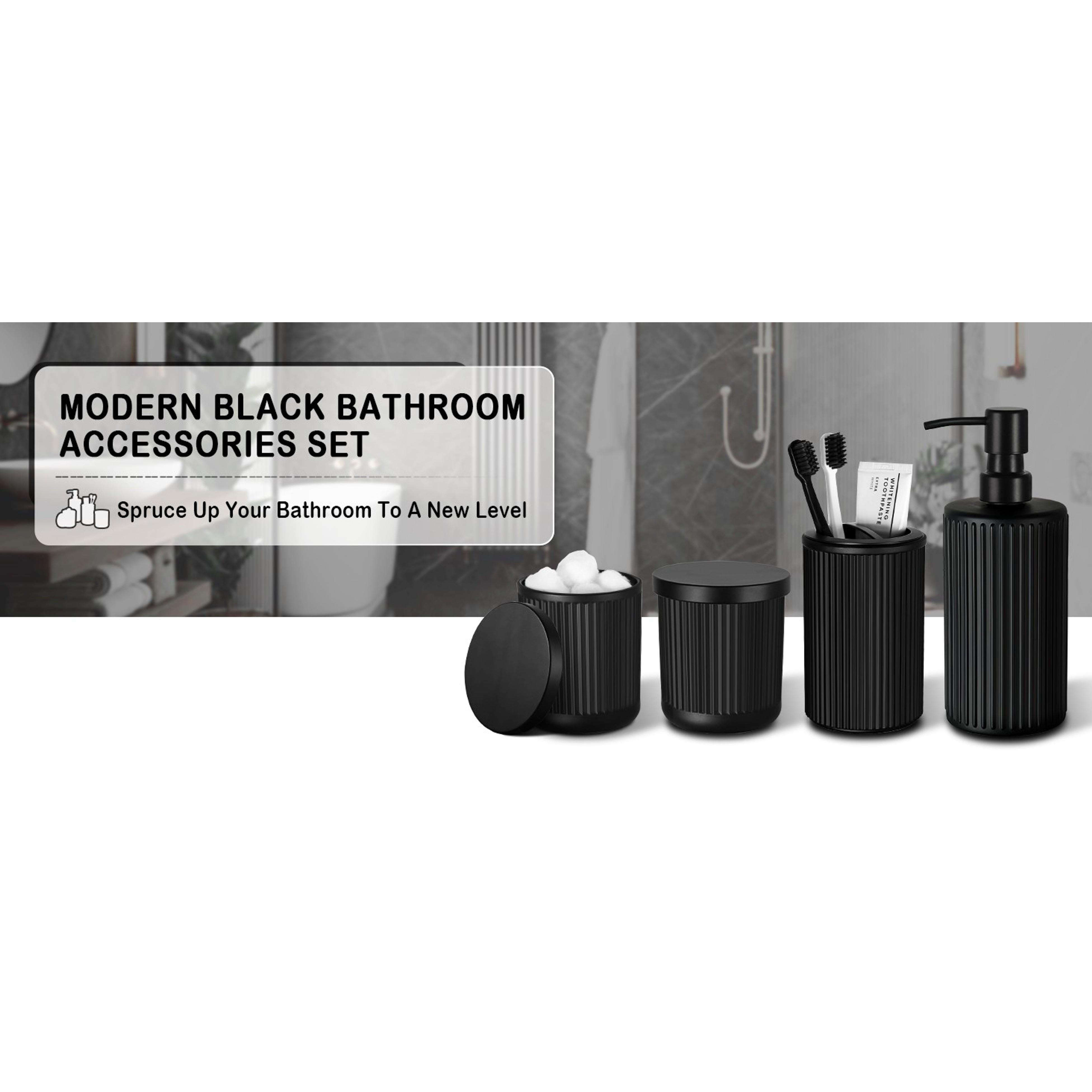 Matte Black 4-Pc Glass Bathroom Accessories Set - Stainless Steel Pump Soap Dispenser, Toothbrush Holder, Wipe-Clean Organiser, Qtip Holder for Modern Home Sink Decor