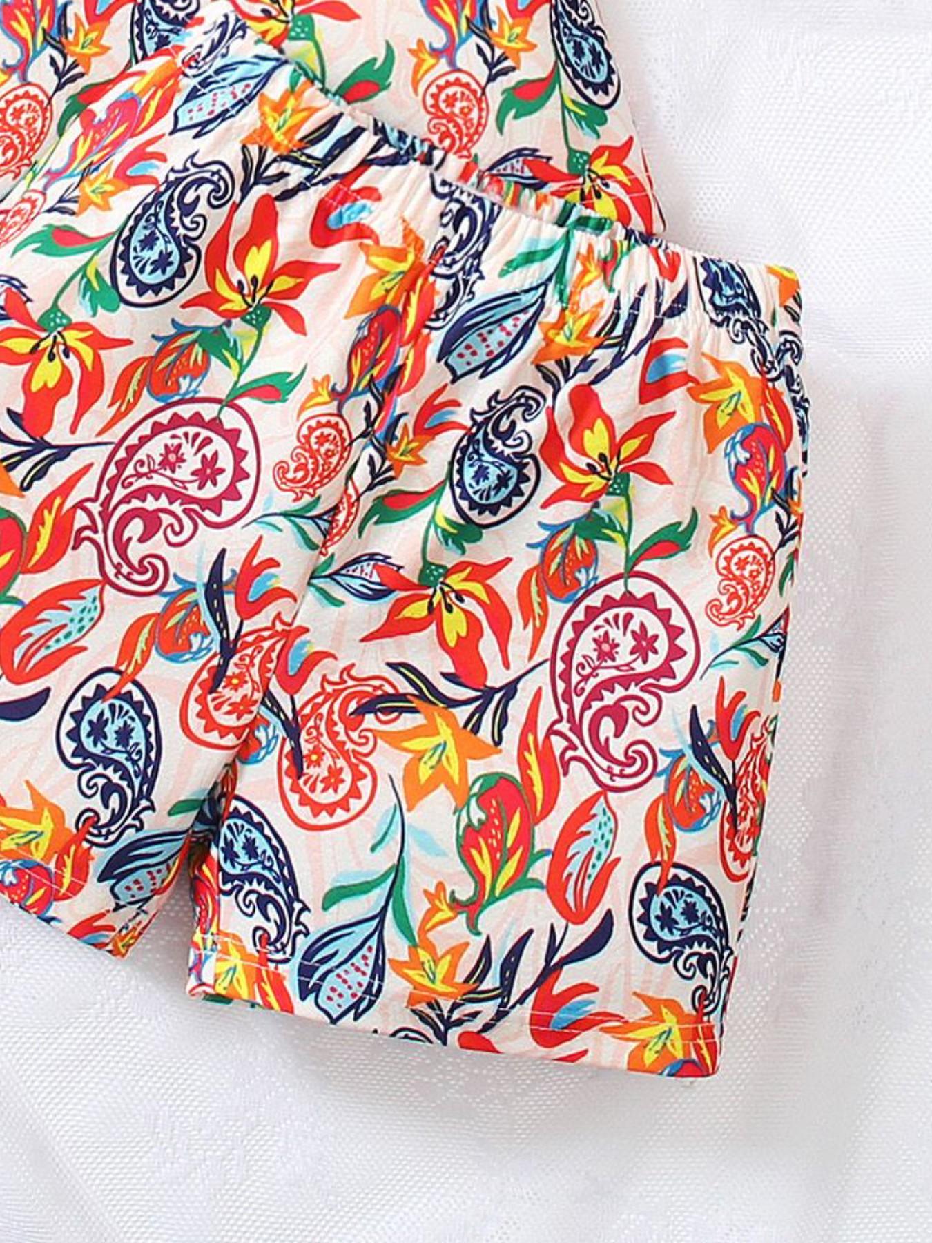 Girls' Colorful Floral Paisley Set, Lightweight Sleeveless Top + Loose Shorts, Bohemian Style Summer for Kids Aged 2-7 Years