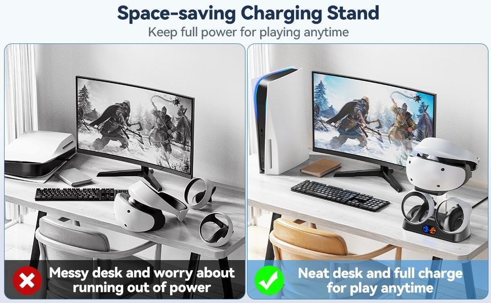 SUNDAY MIRTH Ps5 Vr2 Controller Charging Station with VR Headset Stand, Includes LED Indicator and 2 Magnetic Clips, Essential VR Accessories for Ps Vr2