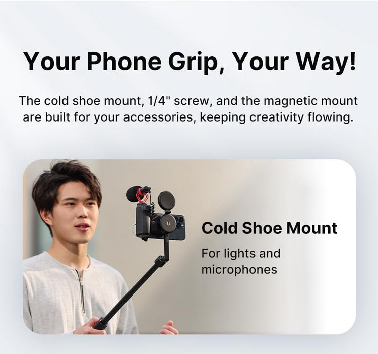 ULANZI Selfie Phone Tripod Mount MA35, 2-in-1 Magnetic & Phone Clip Camera Grip Handle Holder with Detachable Remote Shutter with Cold Shoe Adapter for Smartphone Video Shooting