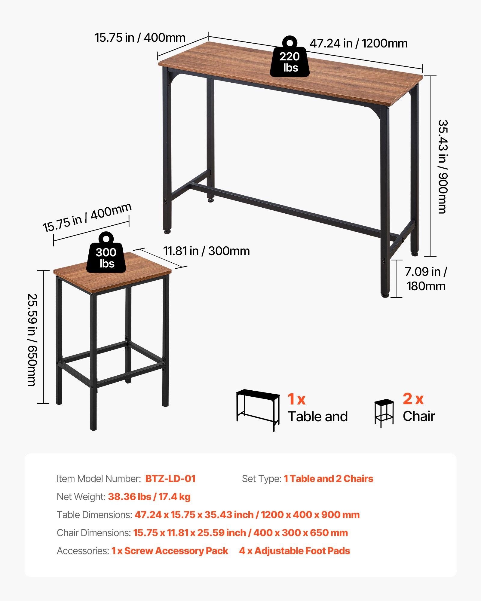 VEVOR Bar Table, 3PCS 47″ Bars Tables Set, Bar Tables and Chair Set with Rounded Edge Design, Rectangular Pub Table with Two Stools for Office Desk, Breakfast Corner, Mini Bars, Rustic Brown, Black