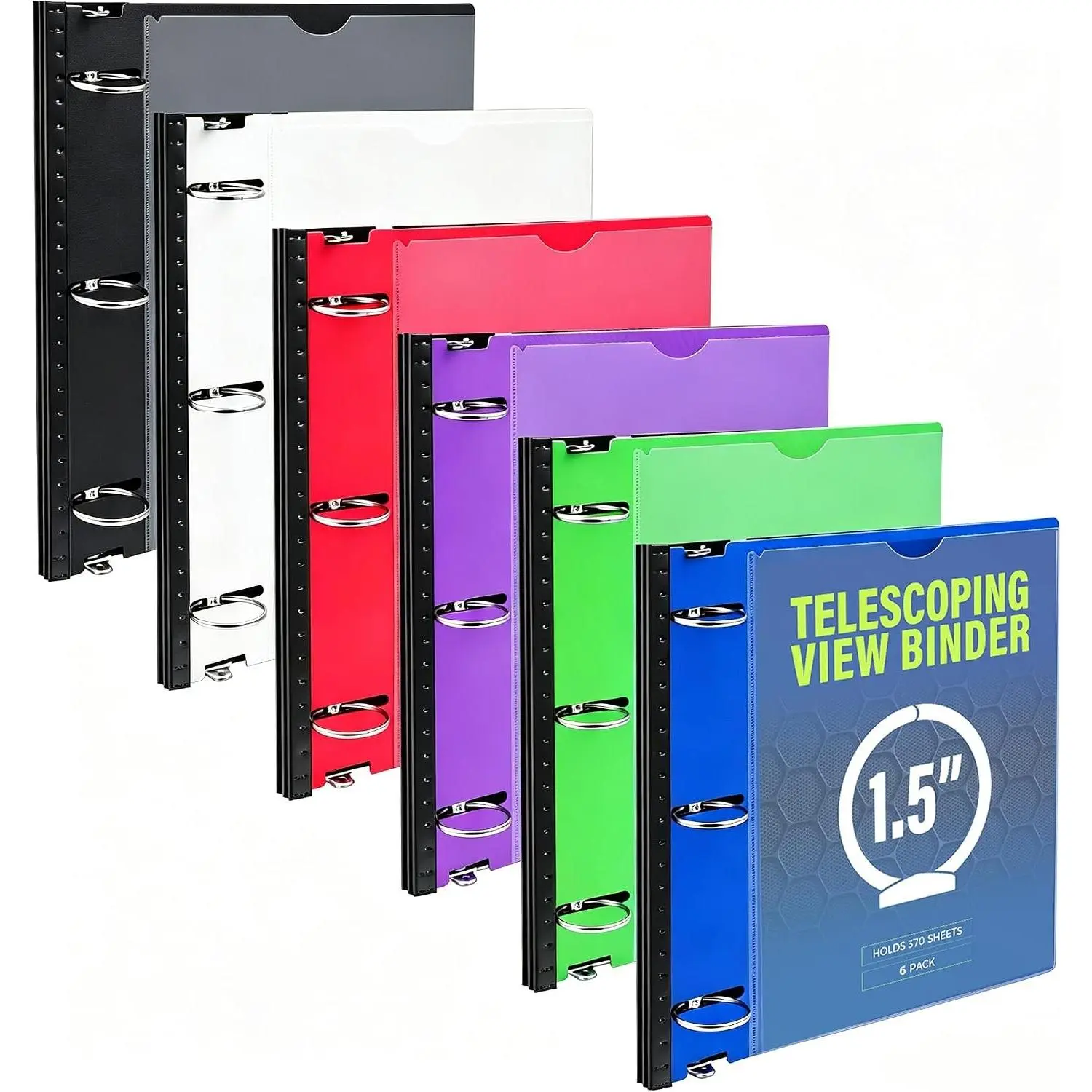 1.5 Inch Telescoping 3 Ring Binder 6 Pack, Expandable Flexible Binder with Customizable Front Cover & Clear Catalog Pocket, Holds 370 Sheets, Assorted Colors, School Office Supplies