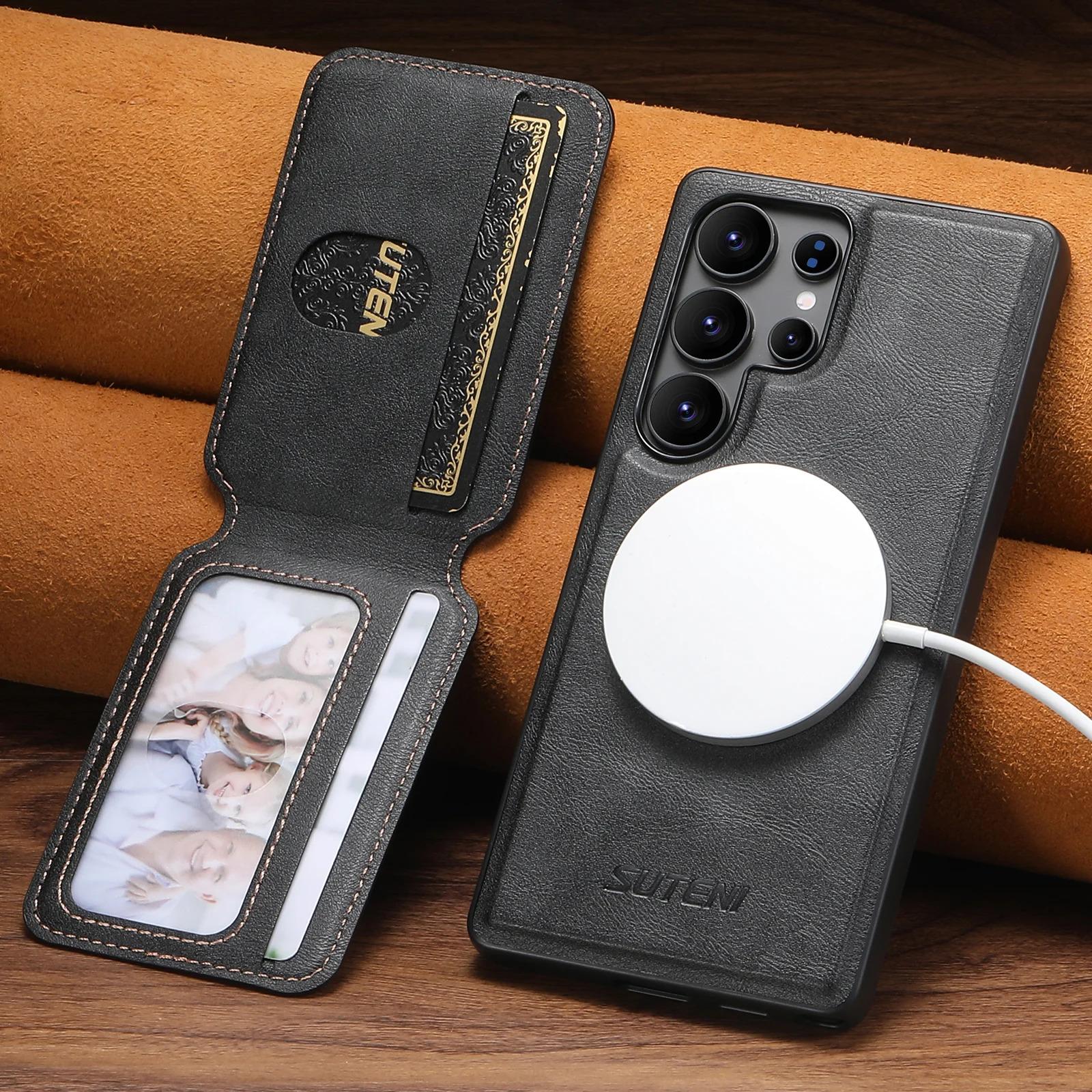 Magnet Wireless Charging Luxury Faux Leather Phone Case Card Holder Stand For Samsung Galaxy S26 Ultra S25 S24 S23 S22