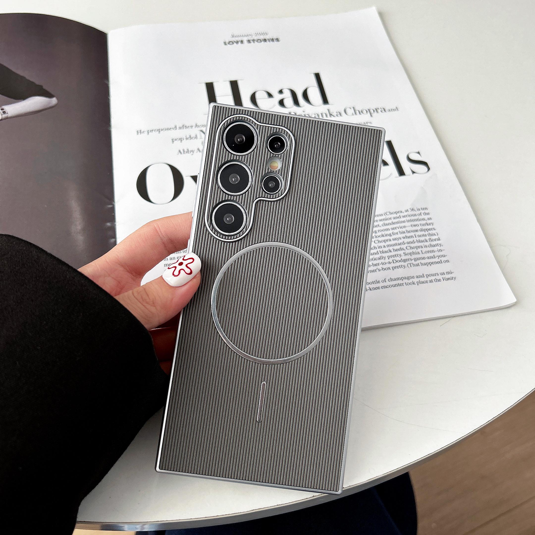 Electroplated Silver Vertical Stripe Magnetic Phone Case, Shockproof Samsung Galaxy S26/s25/s24 Series, Unisex Gift Idea