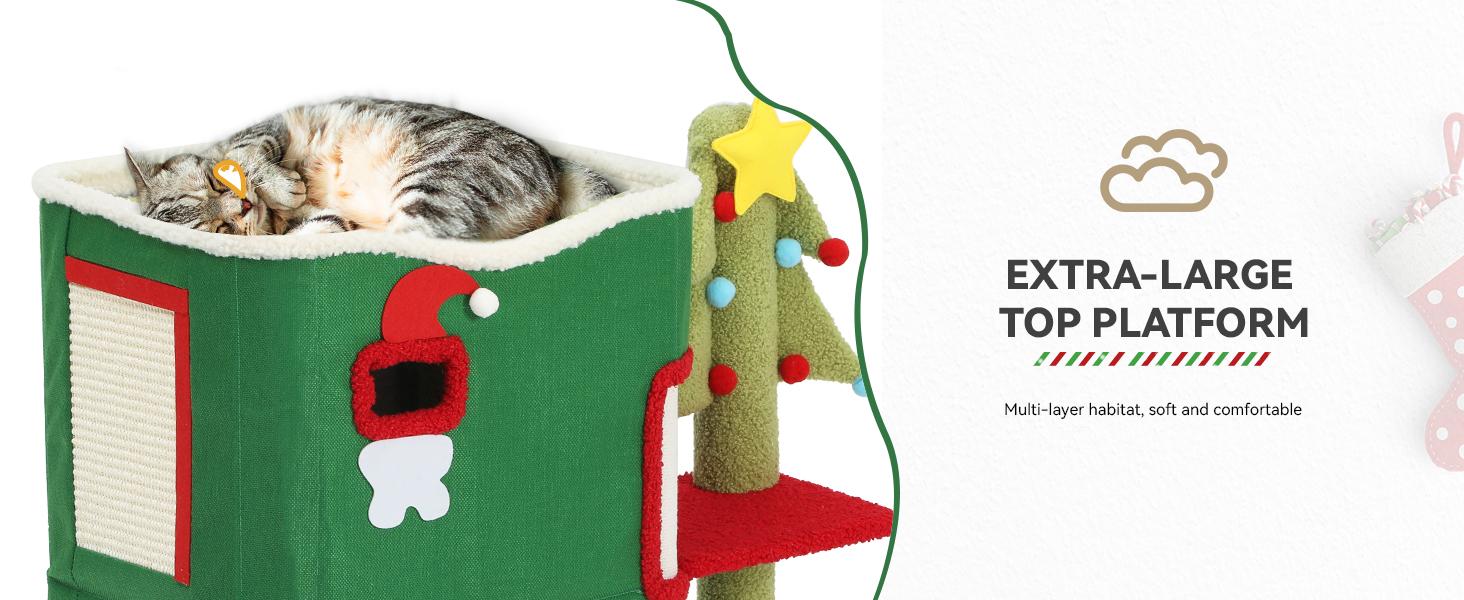 Yitahome Christmas 2/3-Tier Cat House, Indoor Cat Cave Bed Playhouse, Covered Cat Beds & Furniture with Scratch Pad and Hideaway Cave,Christmas Cute Modern Cat Condo Furniture for Multi Small Cats
