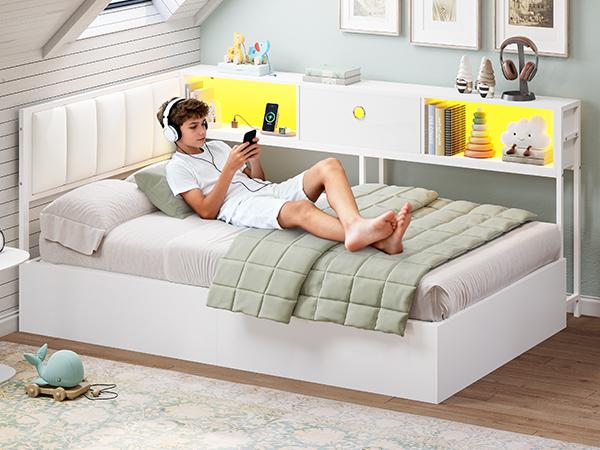 Hasuit Corner Twin Lift Up Storage Bed Frame with Charging Station & LED Lights, Twin Day Bed with Upholstered Headboard and Bookcase, Corner Beds with Hydraulic for Kids Teens Guests