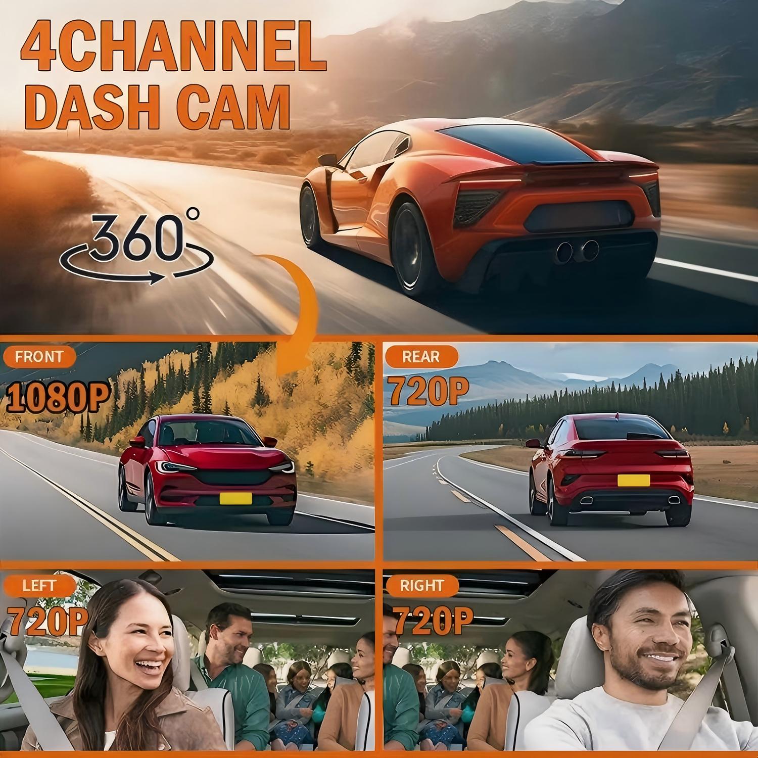 1080P Dash Cam with 3.16 Inch IPS Screen,  4-Lens Front, Rear, Left and Right, Wide Angle Traffic recorder with Loop Recording, G Sensor, Parking monitoring , Motion Detection for Universal Car Camera, HD Driving Recorder, Car Dashcam