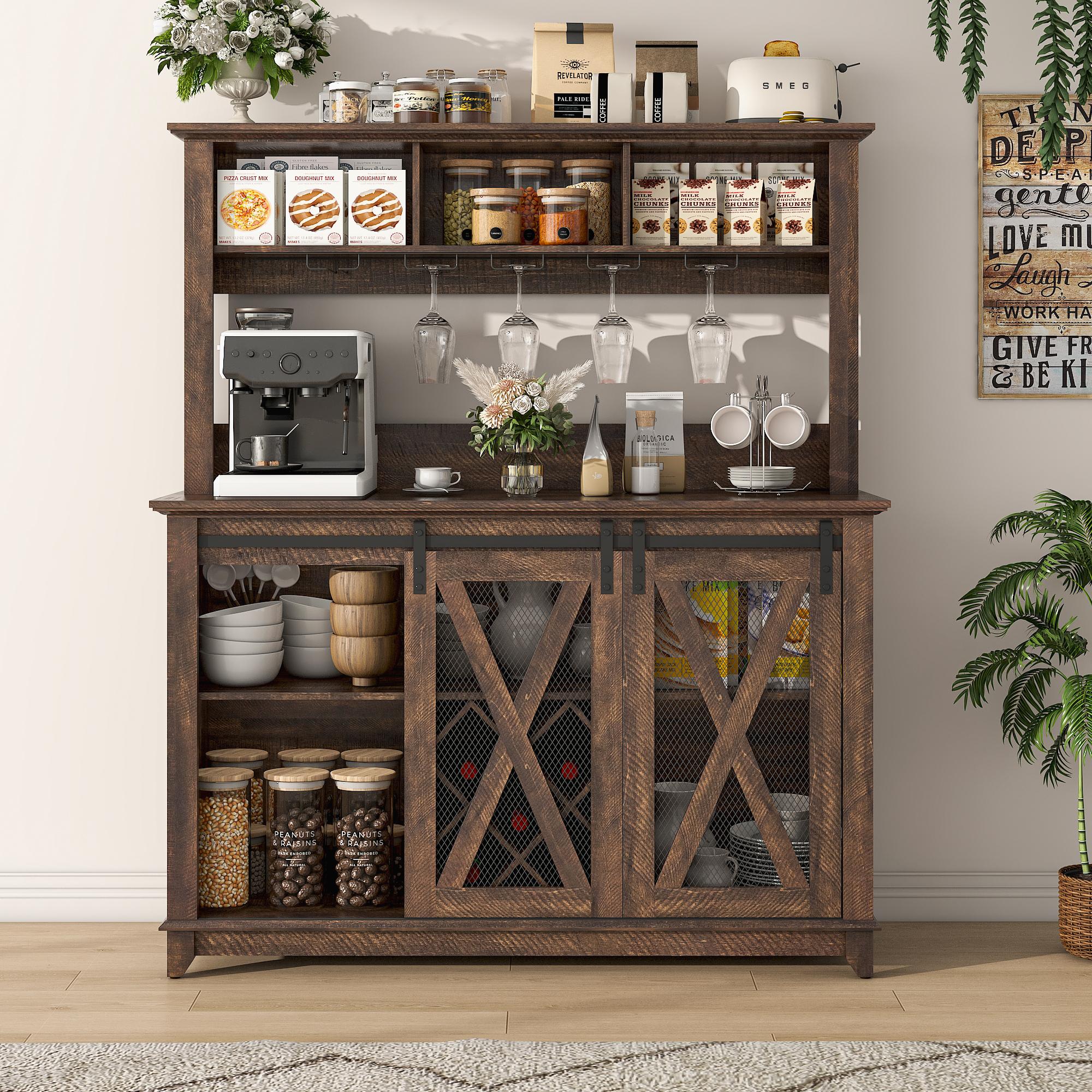 63"W/47"W/31.5"W Farmhouse Coffee Bar Cabinet with LED Light,Wine Bar Cabinet w/ Tier Storage Hutch,Kitchen Buffet Cabinet w/Sliding Barn Door & Wine and Glass Racks for Kitchen Dining Room(Brown/Antique White/Dark Rustic Oak)