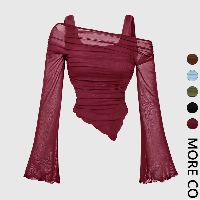 1 Spring Summer Off Shoulder Mesh Crop Top Women | Burgundy Ruched Waist Flared Long Sleeve Asymmetric Hem Design | Y2K Baddie Coquette Style for Date Night Club Party Going Out Wear Womenswear