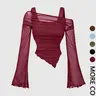 1 Spring Summer Off Shoulder Mesh Crop Top Women | Burgundy Ruched Waist Flared Long Sleeve Asymmetric Hem Design | Y2K Baddie Coquette Style for Date Night Club Party Going Out Wear Womenswear