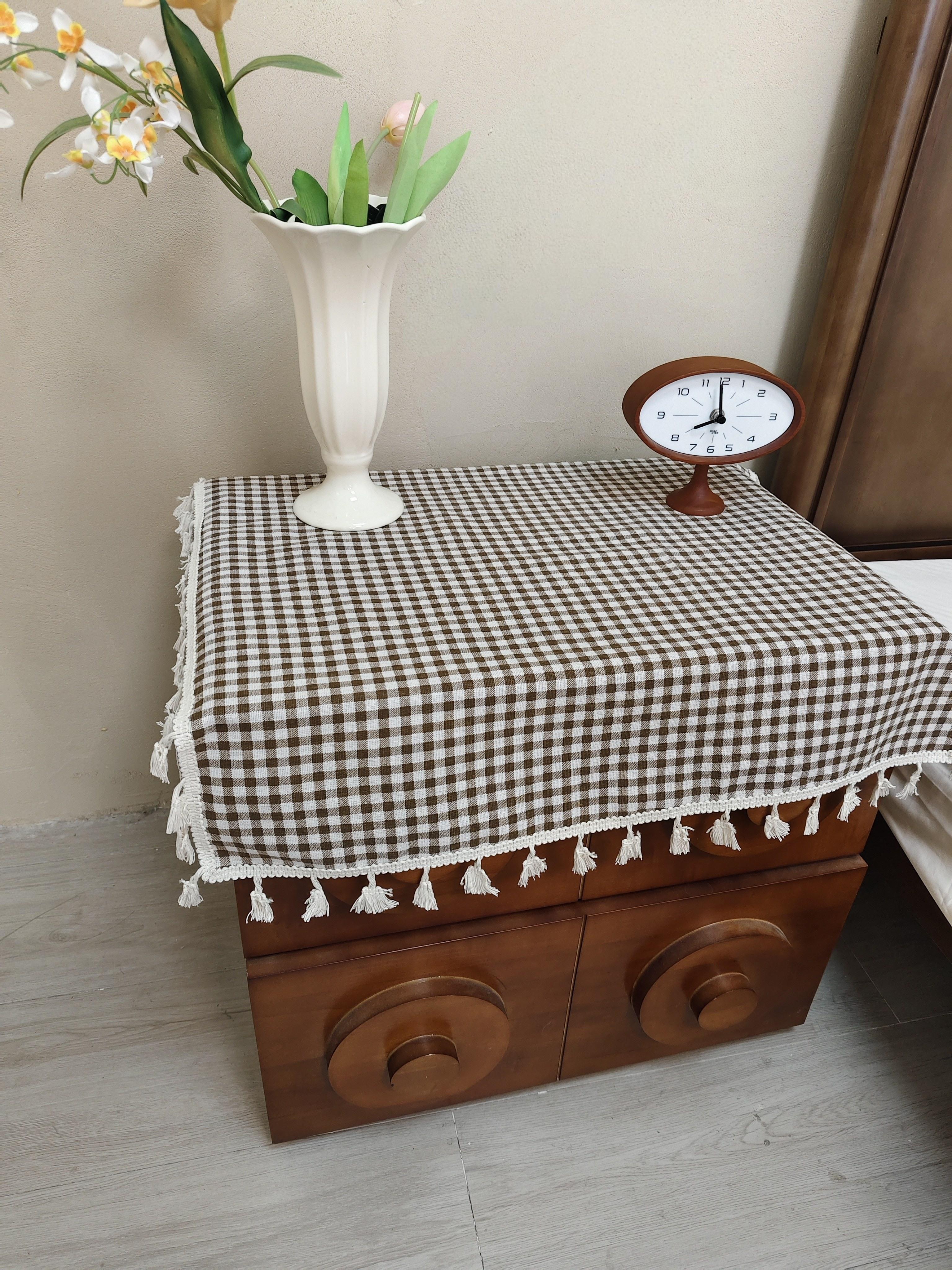 1 pc Browns Grid Pattern Square Tablecloth, Fringe, Home Decor Cover, Microwave Coffee Machine Protector, Bohemian Style Washable