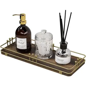 Bathroom Vanity Tray for Countertop Toiletries Perfume Makeup Soap Dispenser Toilet Tank, Kitchen Tray for Salt Spice, Decor Tray for Candle Nightstand Coffee 11.3"x 4.4" Brown-Gold