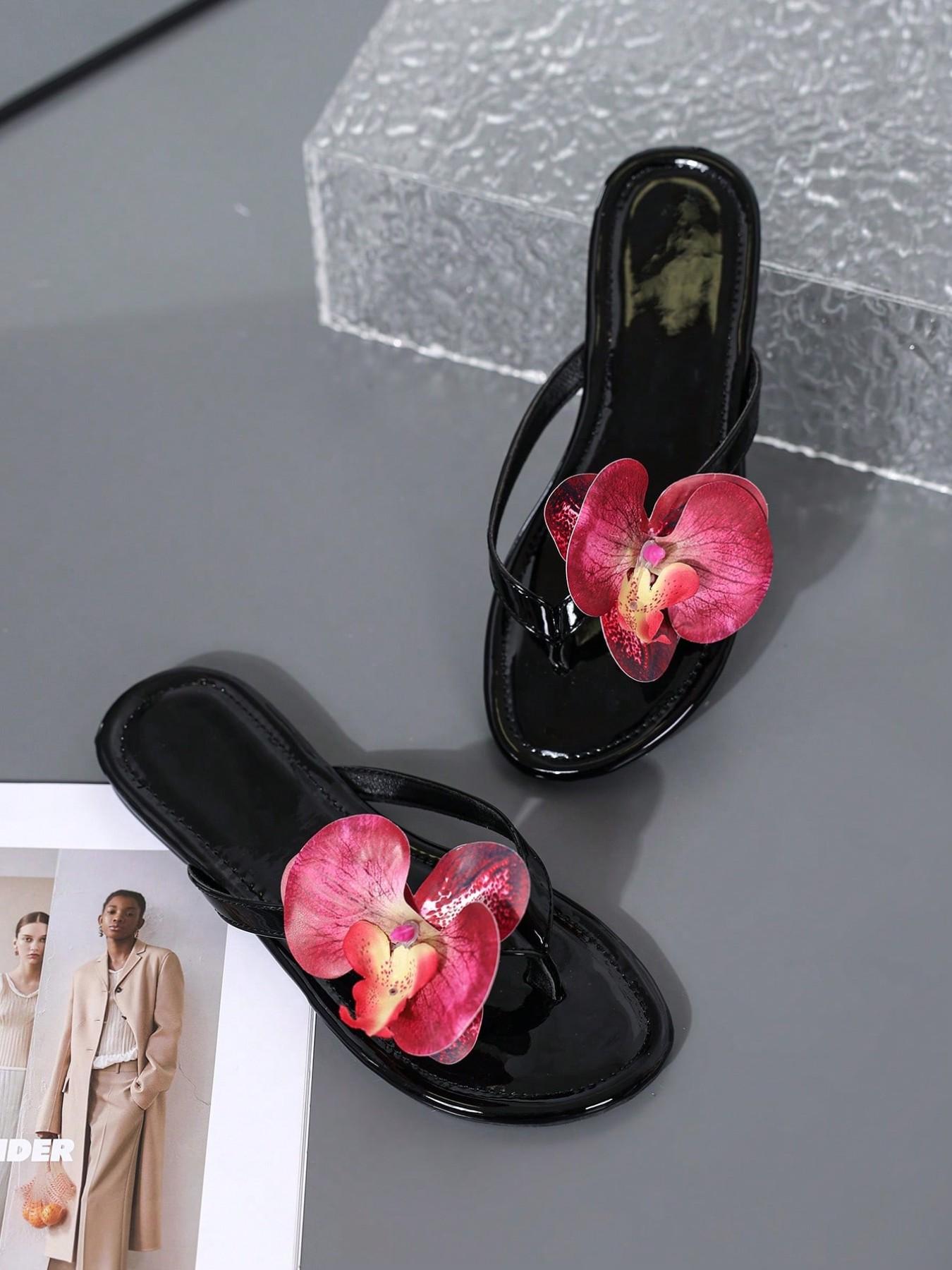 2026 Summer Women's Patent Butterfly Orchid Sandals, Casual Outdoor Slip-Ons, Soft Sole Anti-Slip Beach Shoes, Floral Flip Flops