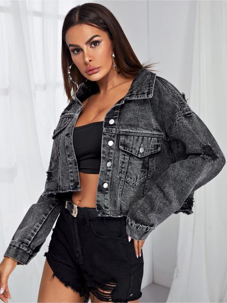 New Women's Fashion Trendy Classic Ripped Versatile Denim Jacket, Fitted Style, Zipper Fly Closure, Perfect for Spring