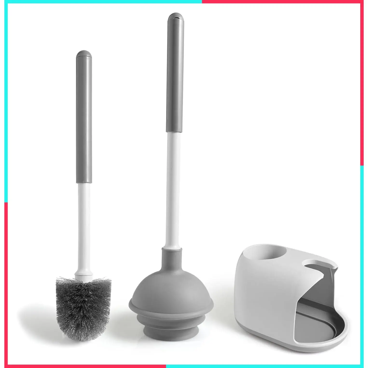 Toilet Plunger & Brush Set with Compact Caddy, 3-Step Suction Cup, Ultra-Tight Seal, Durable Nylon Bristles, Space-Saving Deep Cleaning Bathroom Essentials