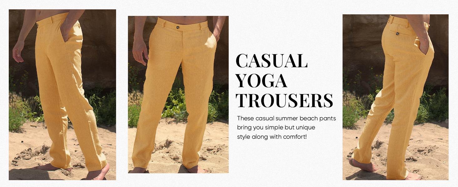 Runcati Mens Casual Pants Elastic Waist Linen Lightweight Straight-Legs Loose Fit Summer Beach Yoga Trousers