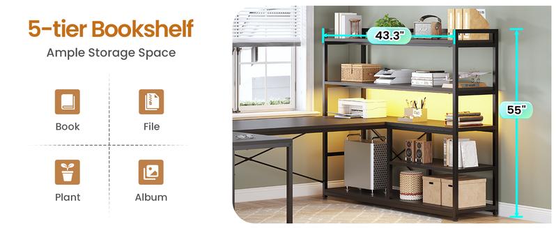 SEDETA 63 Inch Reversible Office Computer Desk L Shaped Gaming Desk with LED Lights Power Outlet 5-tier Storage Shelves Organizer Modern