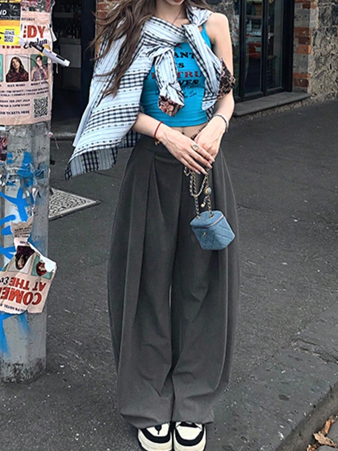 Women's High-Waisted Straight-Leg Loose Fit Pants, Womenswear, Plain Design, All-Season Wear, Casual Style, Perfect for Daily