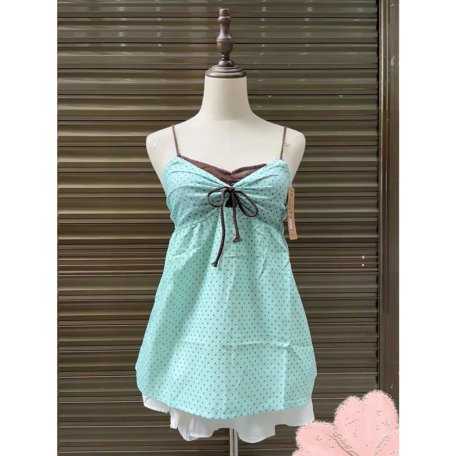 Vintage Coquette Sweet Summer Mint Green Polka Dot Spaghetti Strap Cami Top Women Bow Tie Ruched Casual Date Night Outfit 2026