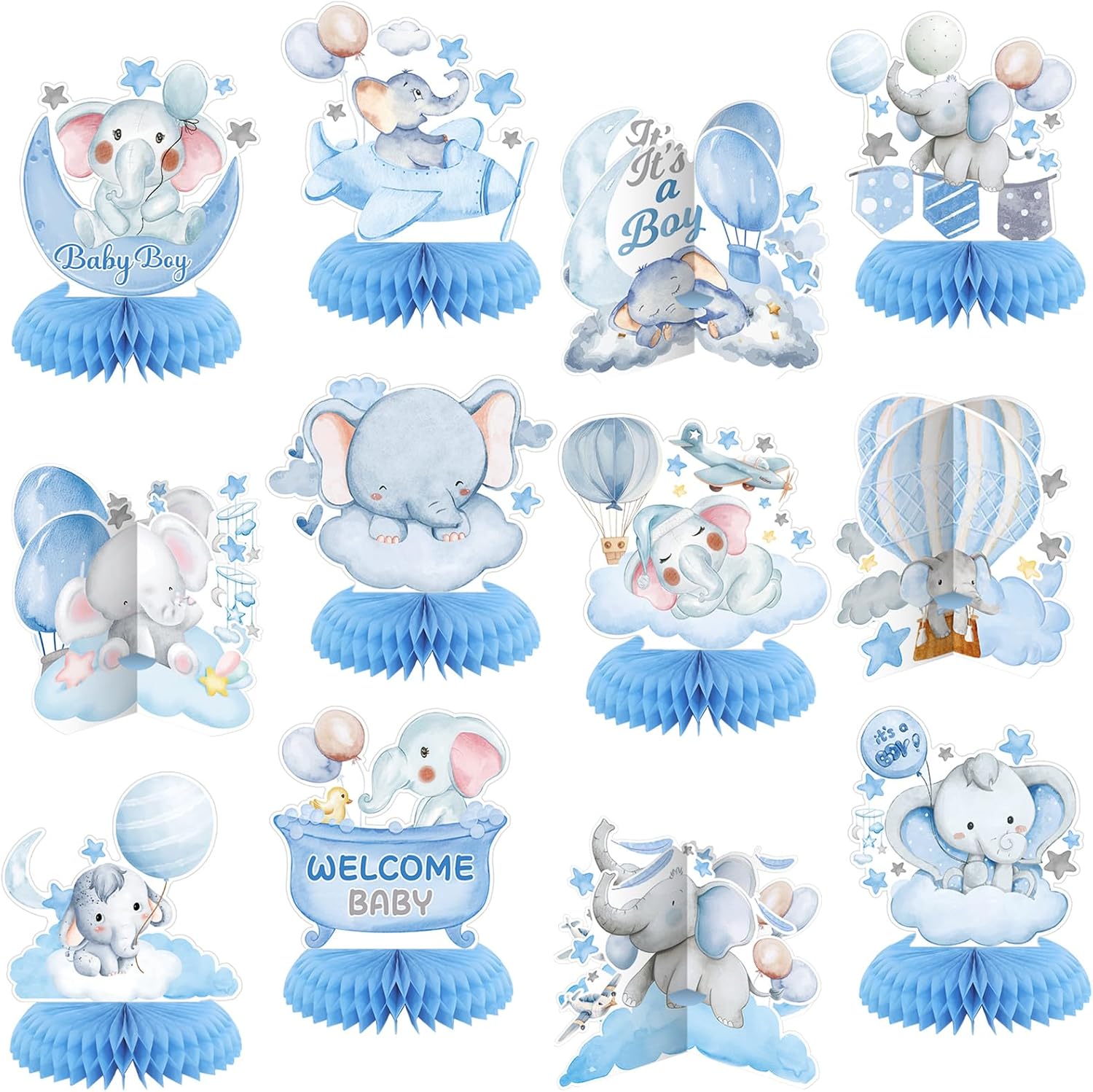 12-Piece Honeycomb Tabletop Decorations Set - Balloons, Star, Moon, Elephant Table Toppers for Gender Reveal, Baby Shower, Birthday Party Supplies