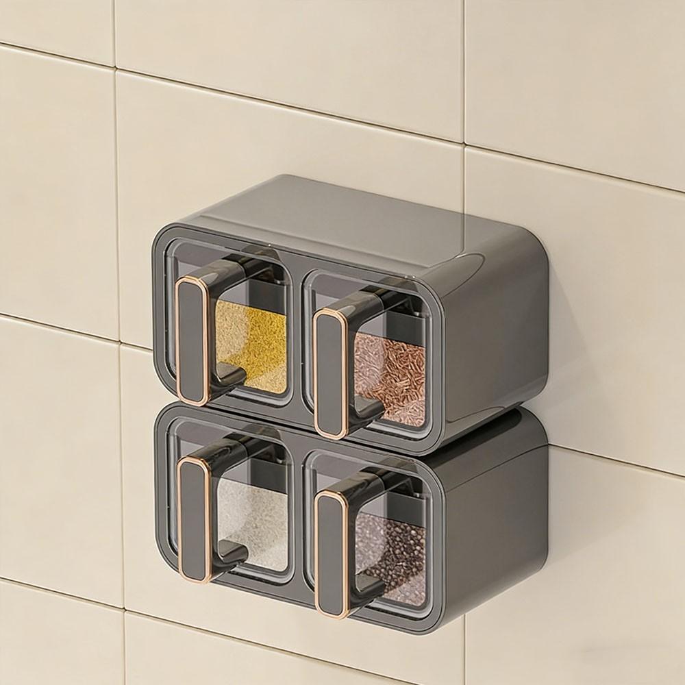 1pc Kitchen Spice Box with Spoon, Adjustable Storage Container, Wall-Mounted Sealed Seasoning Set, Multi-Functional Organizer