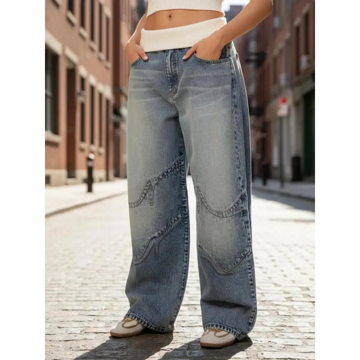 Light Wash Baggy Wide Leg Jeans -Y2K Vintage Denim Pants, white cuffed waist design, camouflage jeans,flared pants,Revice Womenswear Bottom