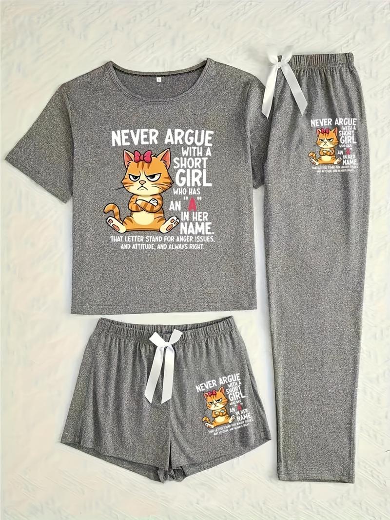 Women's Cartoon Cat Letter Print Sleepwear Set, Casual Fitted Three-Piece Pajamas, All Seasons Comfortable Nightwear, Sleep Sets