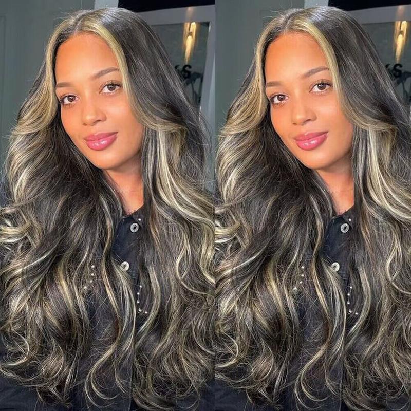QUANDIAN FB/27 Balayage Highlight Lace Front Wig Human Hair Pre Plucked 210% Density 13x6 HD Lace Virgin Human Hair Body Wave Ombre Wig Springtok