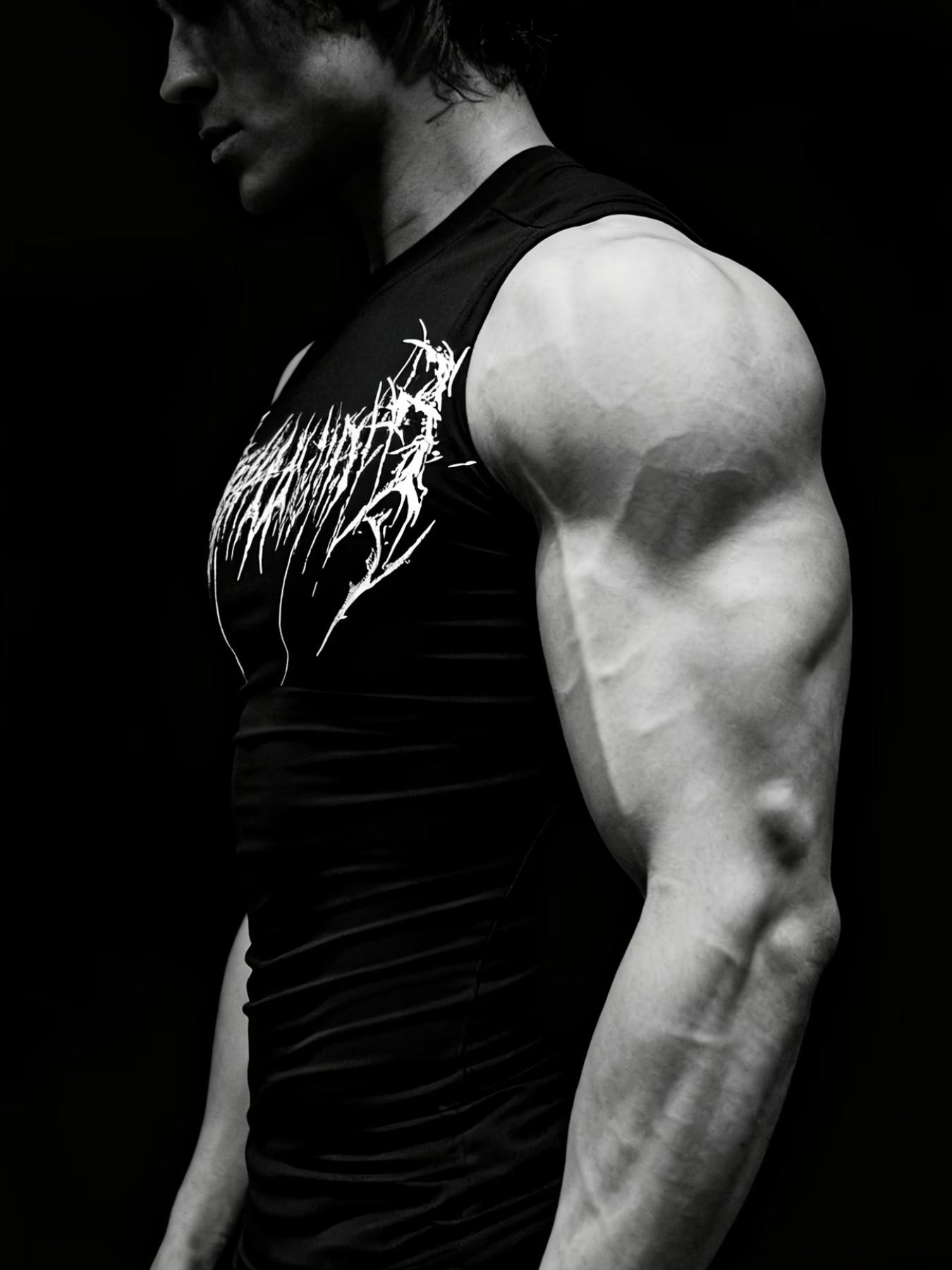 Dark Personality Print Tight Fit Sleeveless T-Shirt, Quick-Dry Elastic Gym Training Top, European Style Muscle Show Sport Vest