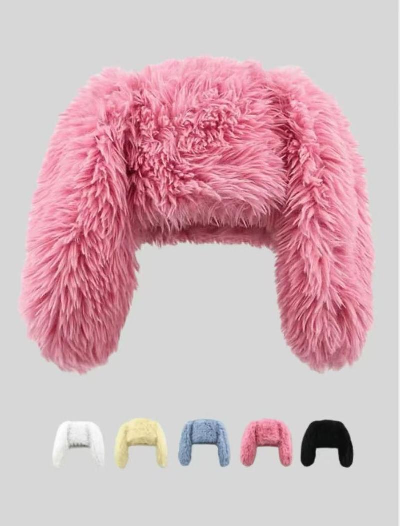 Cute Fluffy Rabbit Ear Design Caps, White Caps, CasuaSoft Plush Warm Beanie Hat for Women & Men, FashionAccessories for Daily Wear, Funny Bunny Hat