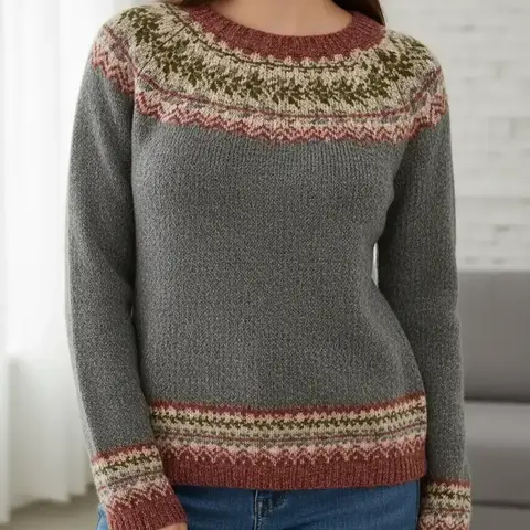 Women's Ethnic Floral Pattern Raglan Sleeve Sweater, Casual Long Sleeve Round Neck Jumper for Fall & Winter, Fashion Ladies' Knitwear for Daily Wear Tops, Womenswear