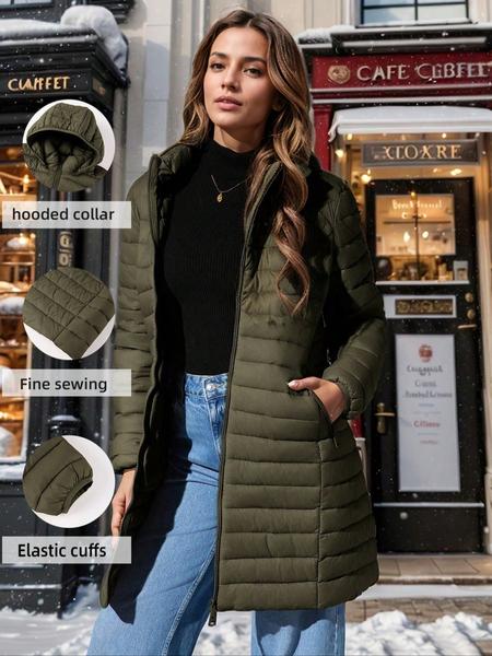 Women's Mid-Length pufferHooded Jacket with Zipper Pockets, Casual Plain Woven Fabric Coat for Fall & Winter Outdoor Commuting