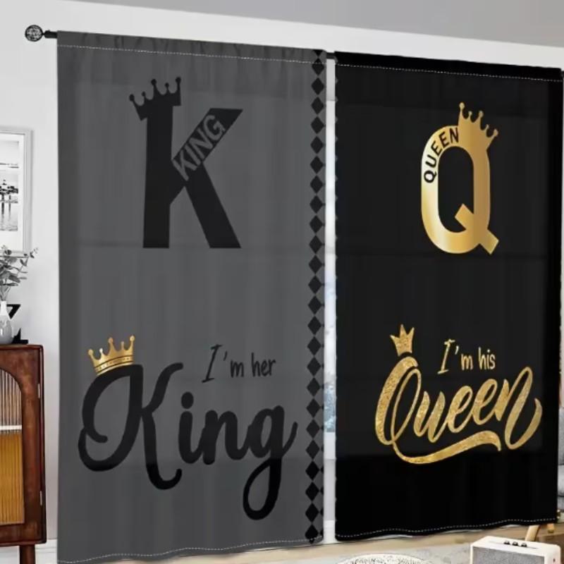 2 pieces of black text and golden crown artistic design printed curtains for king and queen. Made of polyester, semi-transparent material, machine washable. Suitable for bedrooms, living rooms and home decoration.