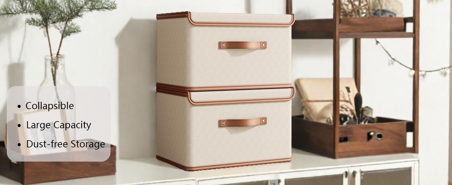 2 Pack Storage Bins with Lids, Collapsible Closet Organizer Container, Fabric Organizer Box with Handles, Decorative Storage Boxes with Lids for Organizing Clothes, Books, File, White, Large