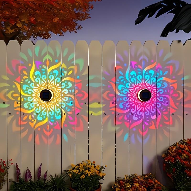 2-Pack Solar Mandala Projector Wall Lights, Waterproof Metal Fence Light, Outdoor Decor for Garden, Patio, Backyard, Courtyard, Outdoor Decorative Lights, Patio Lighting, Solar Powered Lighting