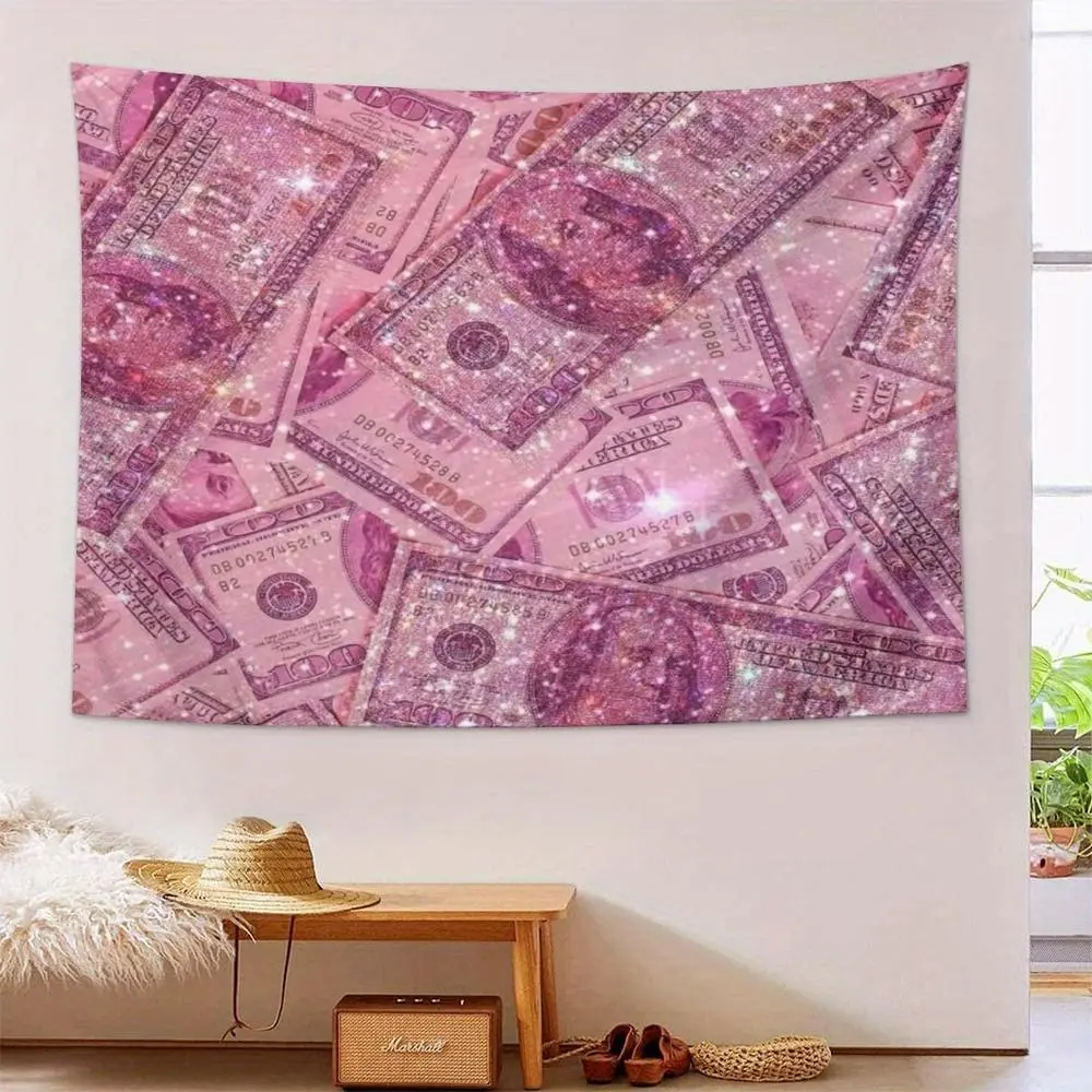 Durable Velvet Rectangular Billet Tapestry - Lighted Wall Decor with Glitter Peach Dollar Bill Design, Full Print Multi-Size Hand Wash Safe Decor Accessory for Teen Dorm
