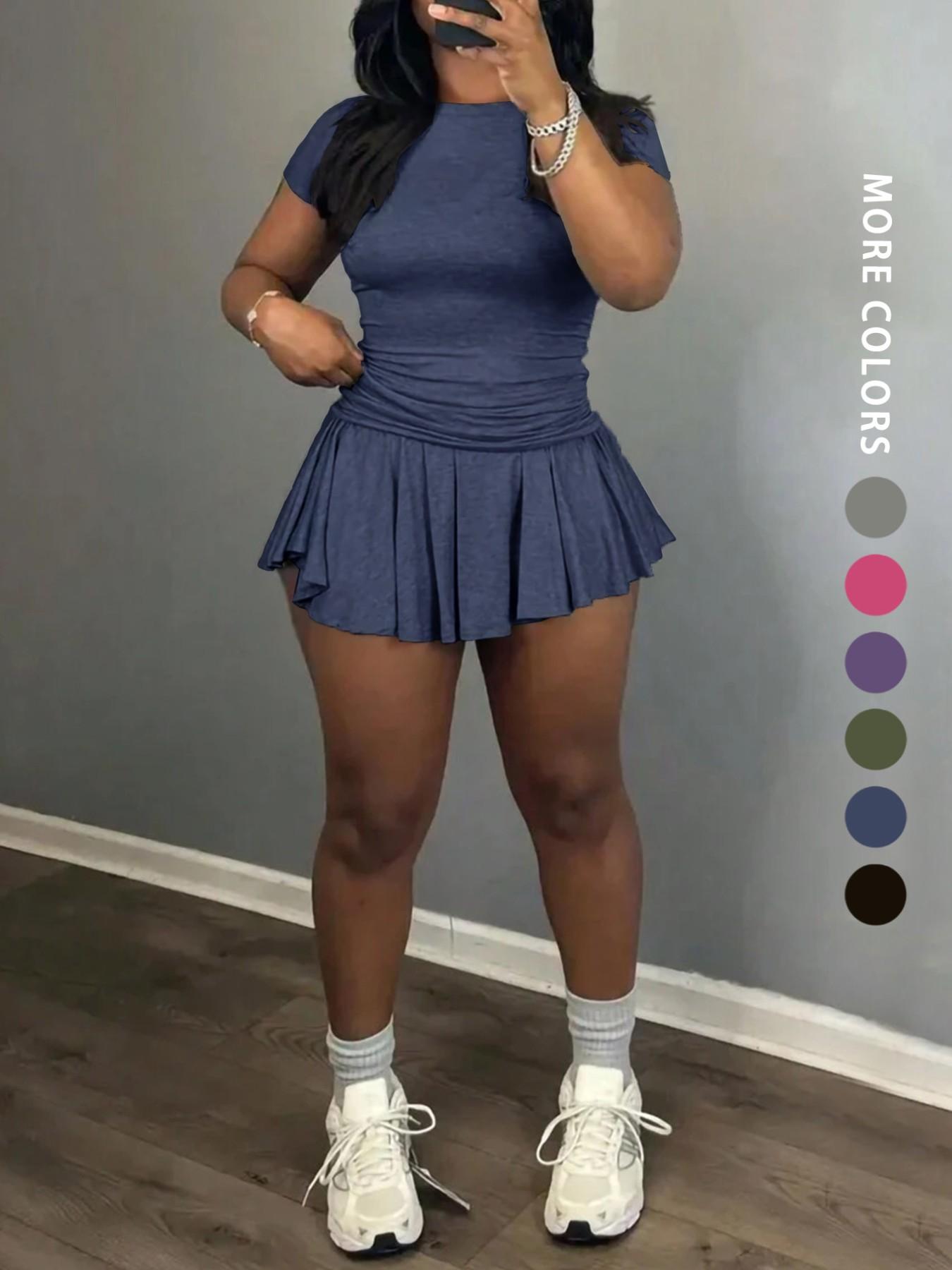 Women's Solid Color Top & Skort, Casual Fashion Cozy Round Neck Short Sleeve Tee & Skirt for Daily Outdoor Wear, Ladies Outfits for Summer