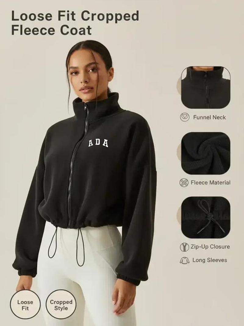 Women's Cropped Zip-Up Jacket - Fleece Casual Top with 'ADA' Print for Daily & Leisure. Adjustable Drawstring Waist Jacket in Navy/Beige/Black Winter Fashion Clothing Women's Cropped Zip-Up Jacket - Fleece Casual Top with 'ADA' Print for Daily & Leisure. Adjustable Drawstring Waist Jacket in Navy/Beige/Black Winter Fashion Clothing