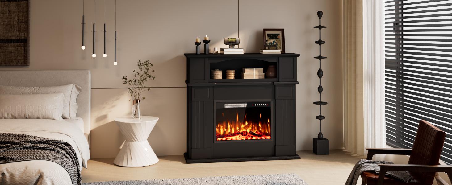 PUKAMI 43" Electric Fireplace with Mantel, Wooden Black Electric Fireplace Surround with Mantel, Freestanding Faux 23" Fireplace Insert for Living Room with Remote Control, Adjustment 3D Led Flame