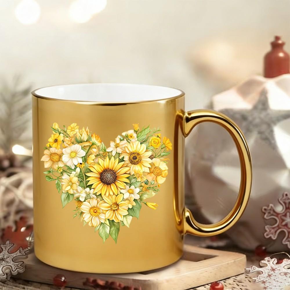 Sunflower Heart Gold Ceramic Coffee Mug, 11oz Shiny Metallic Gold Floral Tea Cup, Unique Birthday Mothers Day Gifts for Women Mom Wife Sister Friend, Sunflower Lover Gifts for Coffee Tea Lovers, Home Office Decor