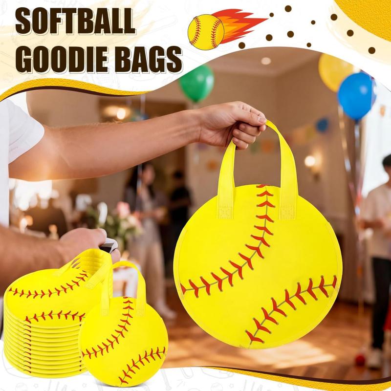 12 Pcs Softball Party Favor Bags10*10 Inch Softball Gift Bags with Handle Round Non Woven Gift Pouches for Goodie Candy Snacks Sports Themed Birthday Party Supplies