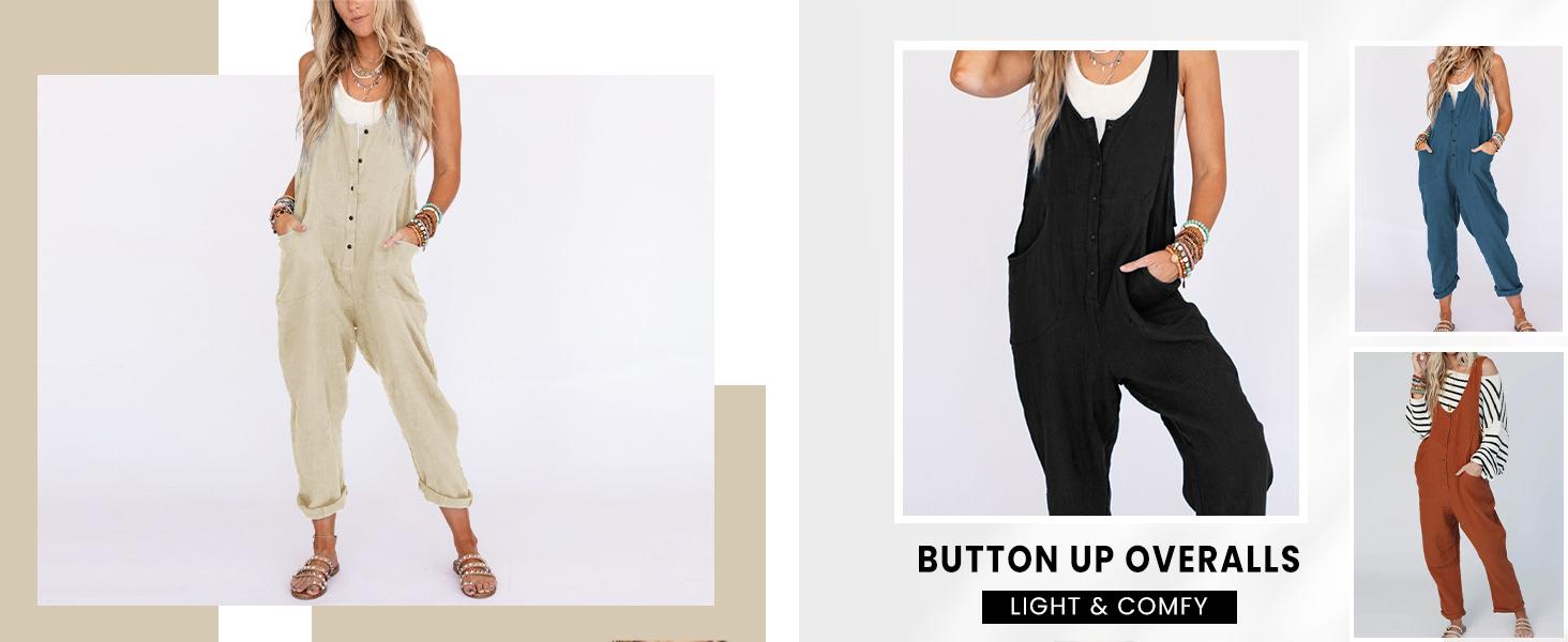 YeeZaa Women's Overalls Linen Cotton Jumpsuit Loose Casual Pullover with Pockets