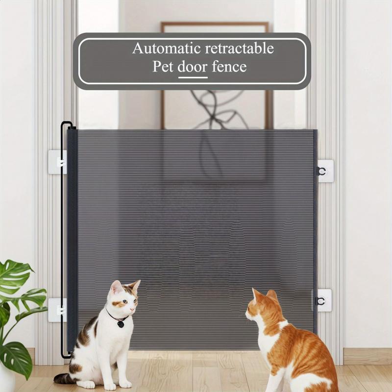 [No Drill Pet Gate] 1pc No Drill Retractable Black PVC Pet Gate - Easy Install Safety Fence with Automatic Closing, Durable Indoor/Outdoor Dog Barrier & Cat Enclosure for Stairs, Doors, Rooms, Gate for Dogs, Stairway Blocker, Sleek Design